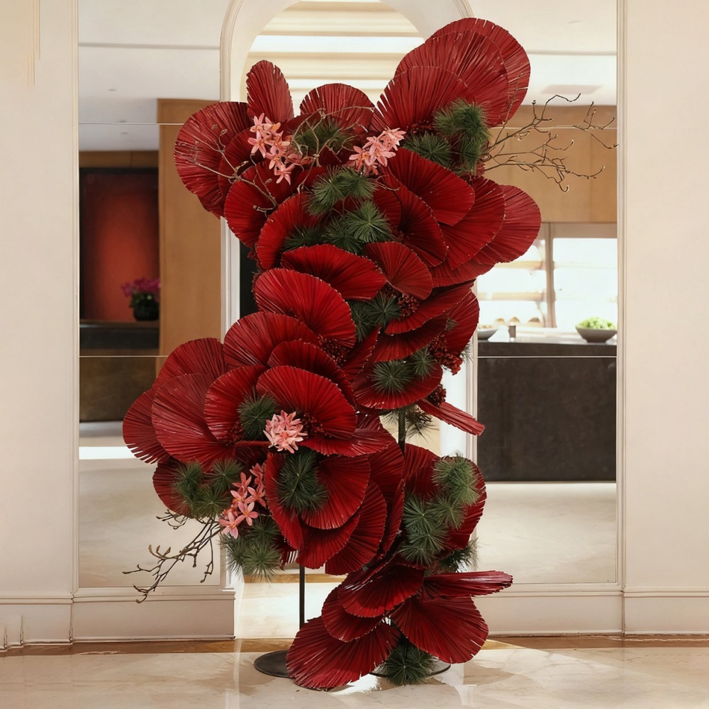 装饰场景春节美陈马年氛围布置红色纸扇花艺摆件门头店铺仿真花