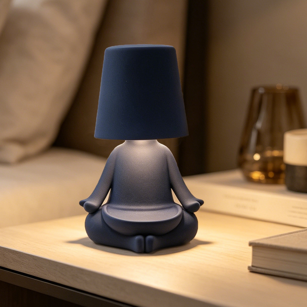 Cabecera de la cama con lámpara de consola de toque, tela de color, pequeño hombre de oro decoración dorada, estatuas de pensador, mesa LED image 34
