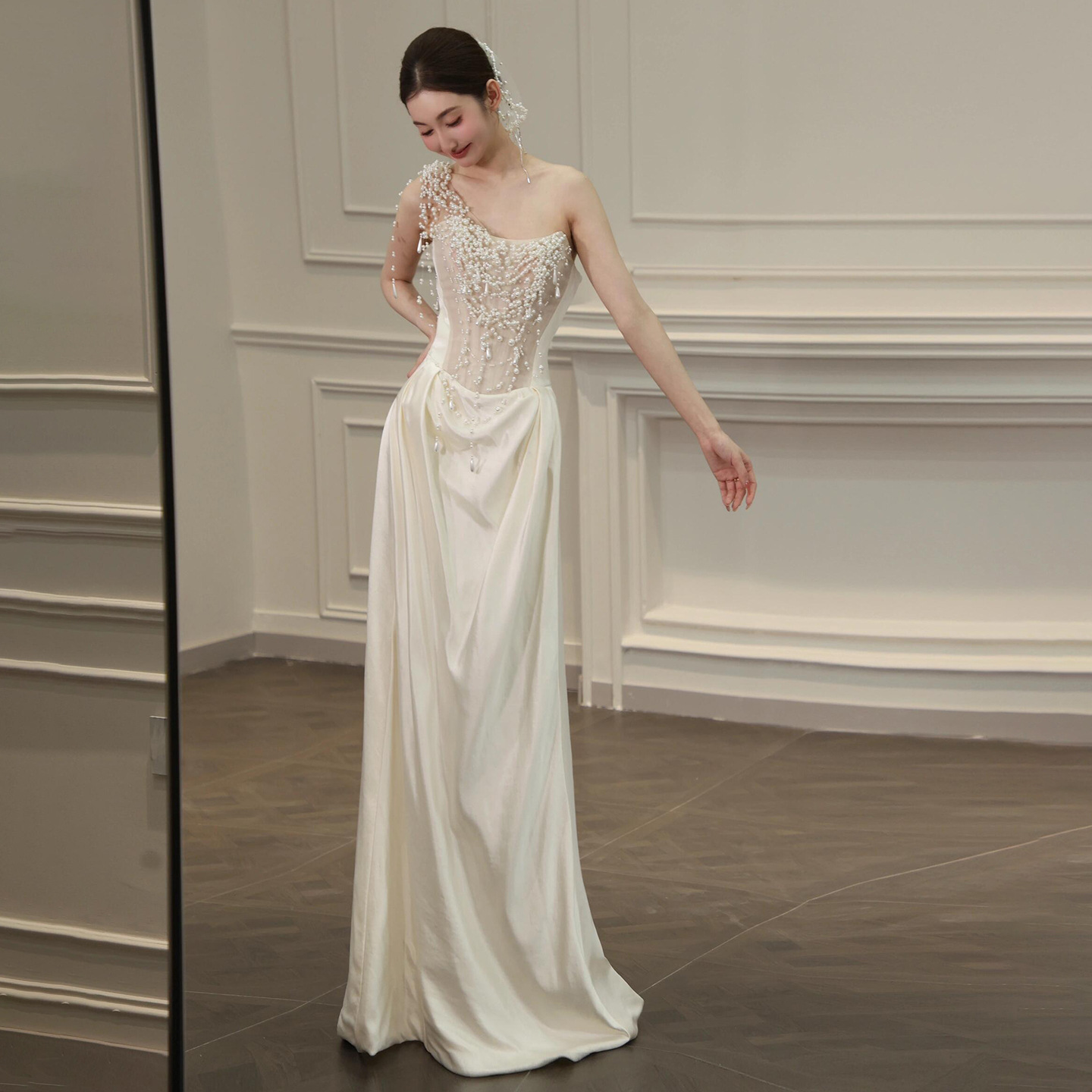 Elegant Style Light Wedding Dress Pearl Morning Robe Mermaid Style Gown For Engagement Niche Banquet Evening Wear_ecoleips.com