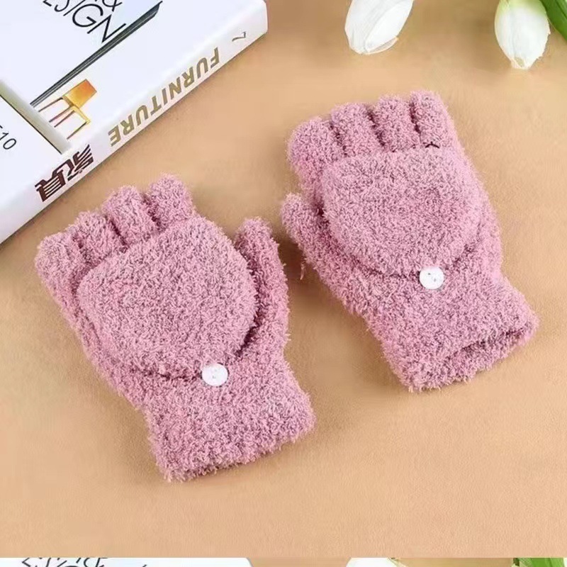 open finger student female winter flip gloves average size protective riding warm men‘s plush office half finger cold-proof coral fleece