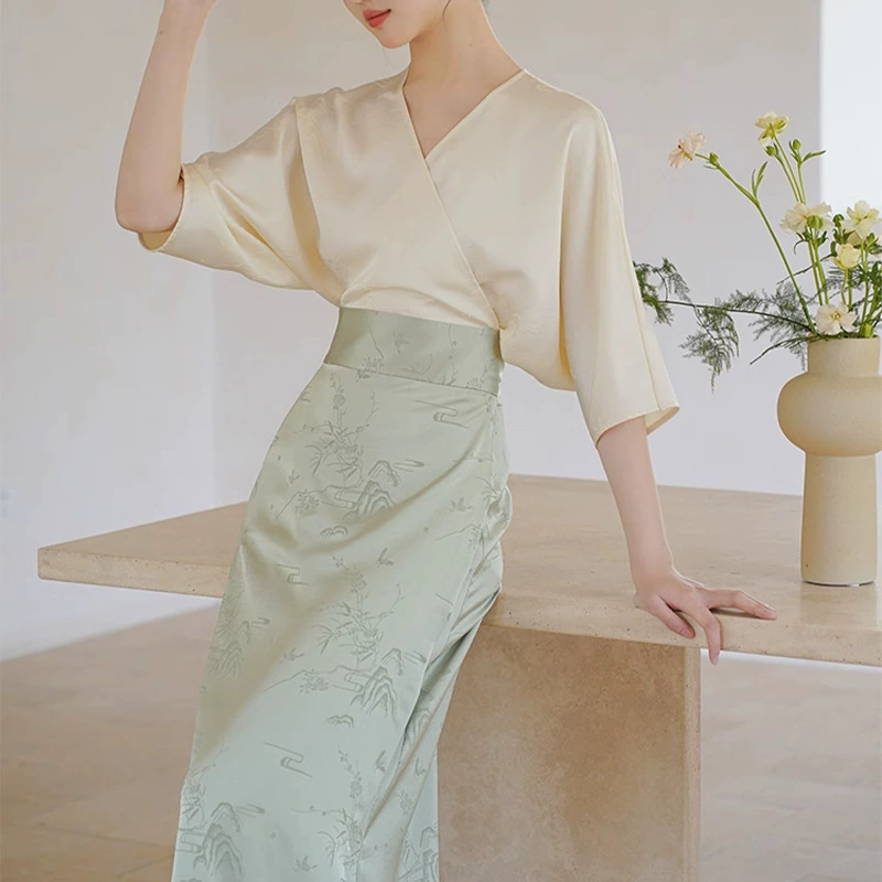 Новое платье в стиле шинуазри Qingshuzhai для женщин, лето 2025, улучшенный жаккардовый костюм династии Хань Тан, длинная юбка с перекрестным воротником