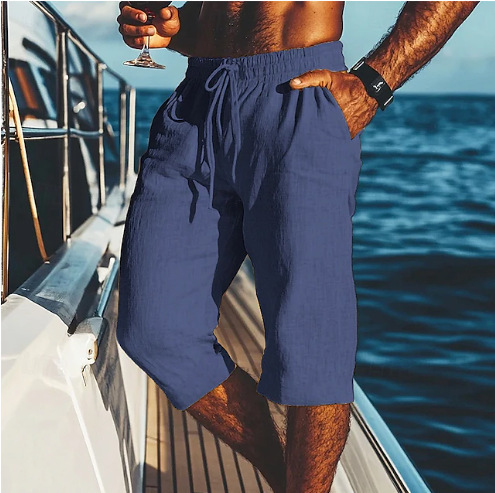 2025 New Men's Capri Pants Linen Summer Beach Shorts Pocket Drawstring Elastic Waist Solid Color Plaid Breathable