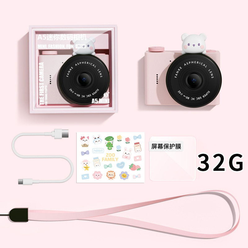 Cámara de estudiante de dibujos animados para niños A5 Cámara de bolsillo portátil de doble cámara delantera y trasera Mini cámara digital Regalo del día de los niños