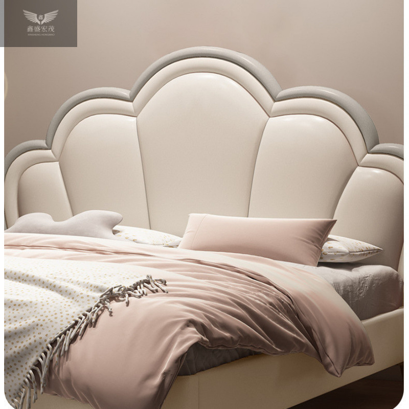 Cama infantil Cama de cuero cama de piel blanda 1.2m cama doble pétalos de crema francesa 1.8m cama infantil creativa