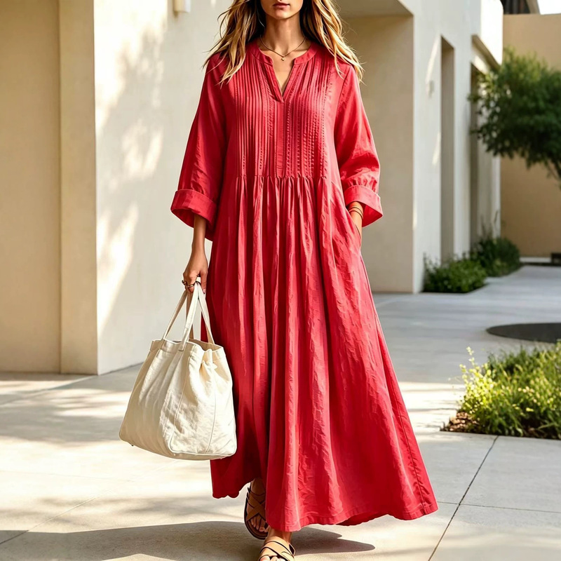 2026 European and American cross-border autumn and winter new Amazon women's loose casual V-neck long-sleeve pleated dress