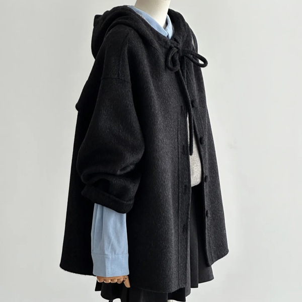 Double-sided cashmere short woolen woolen coat with hood with bow