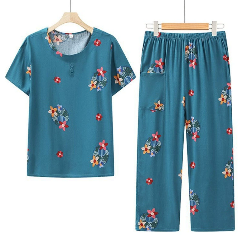 Летняя одежда для пожилых людей, комплект из двух предметов с короткими рукавами для бабушки, свободный хлопчатобумажный шелковый костюм для мамы 6070 лет, одежда для старухи.