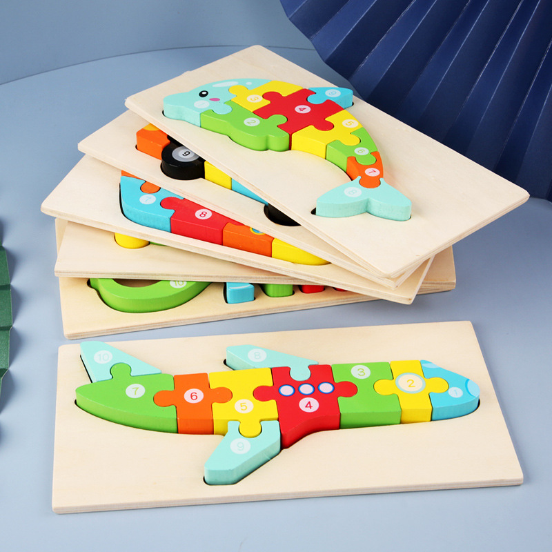 Juguetes de montaje de madera para niños y bebés, rompecabezas de madera en 3D, rompecabezas de educación temprana, rompecabezas de animales digitales de dibujos animados