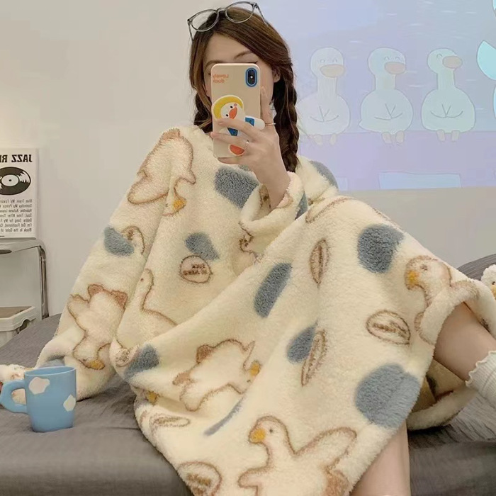 Pijama de lana de coral, pijama de lana de coral largo de invierno para mujeres, franela y lana gruesa, vestido grande, ropa para el hogar