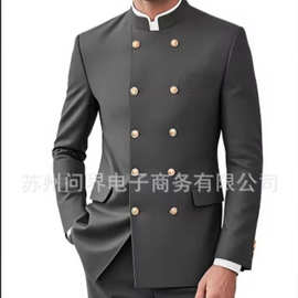速卖通外贸亚马逊跨境厂家直销中山装西服双排扣男士休闲两件套装