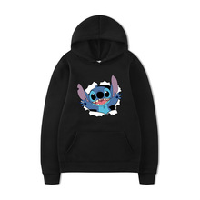 新款跨境史迪仔 ins潮流学生可爱港风带帽套头卫衣插肩配色连帽衫