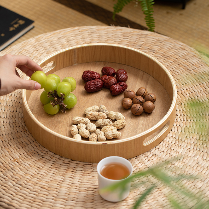 原木色圆形茶盘日式提手托盘创意酒店曲柳木盘子水果盘收纳托盘