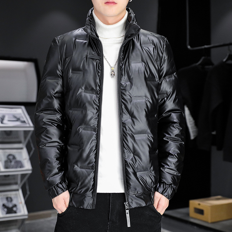 Trajes de invierno transfronterizos chaqueta de plumón de cara brillante hombre corto cuello vertical otoño y invierno grueso chaqueta caliente de tendencia de arroz blanco