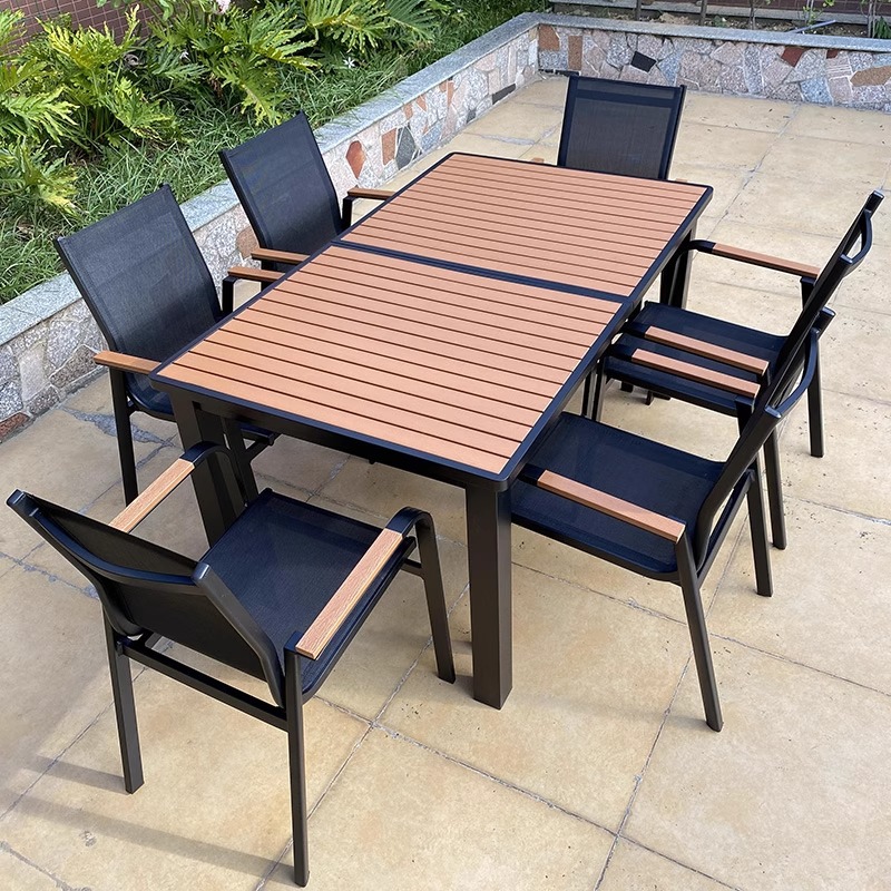 Mesas y sillas de madera de plástico estirado al aire libre, patio, villa, jardín, terraza, hotel, casa de familia, muebles de ocio, lluvia y protección solar