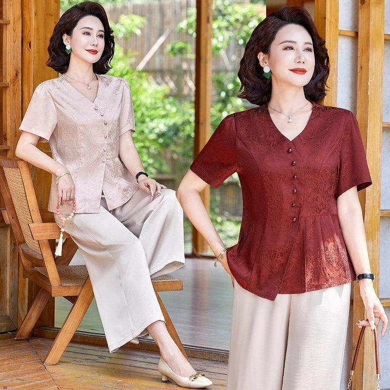 Middle-Aged Mom's Summer Satin Blouse 2026 New Style V-Neck Short-Sleeve Youthful Top for Middle-Aged and Elderly Women Wholesale