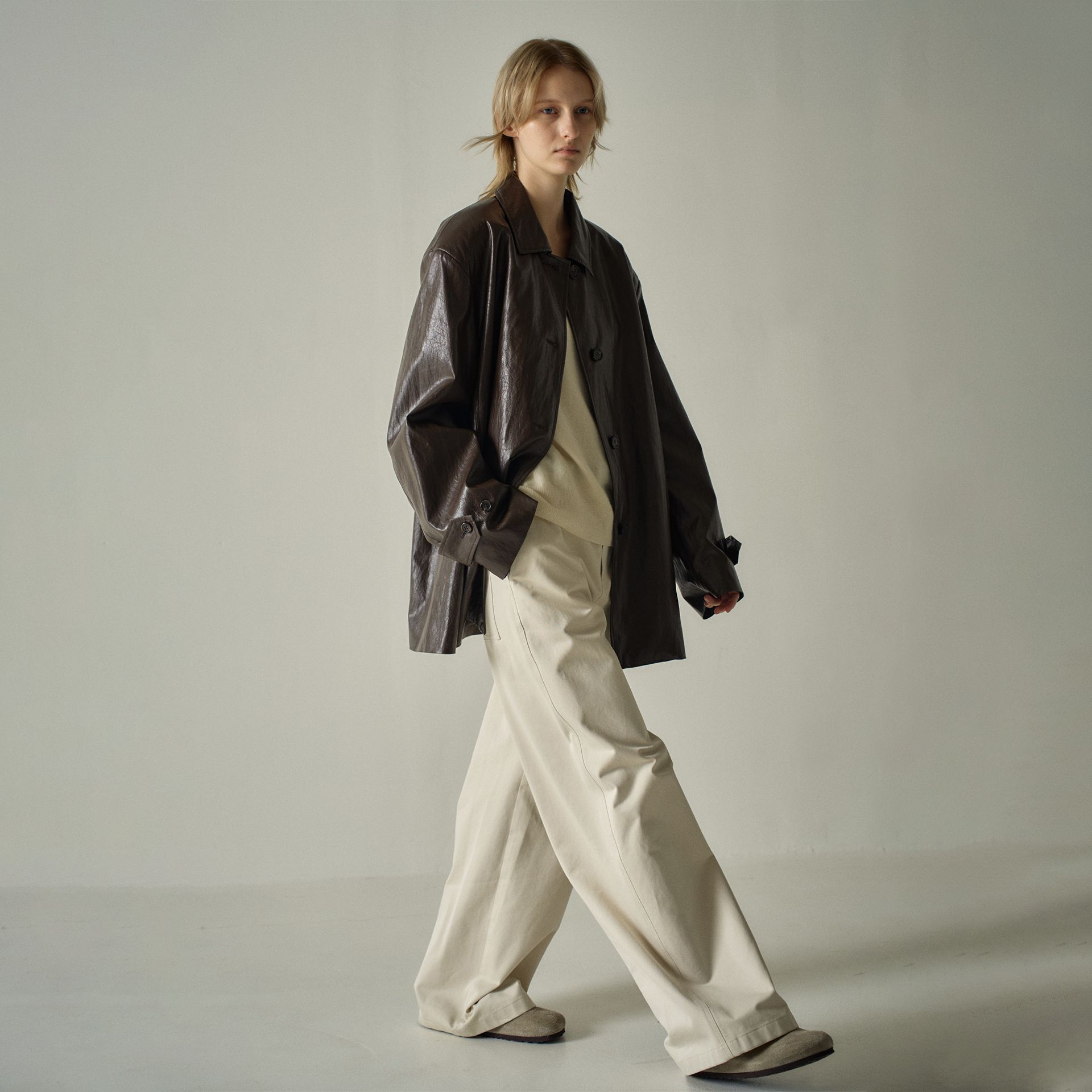 Lanmi Wide-Shoulder Leather Jacket for Women Single-Breasted Normcore Style High-End Mid-Length Spring & Fall Retro Jacket