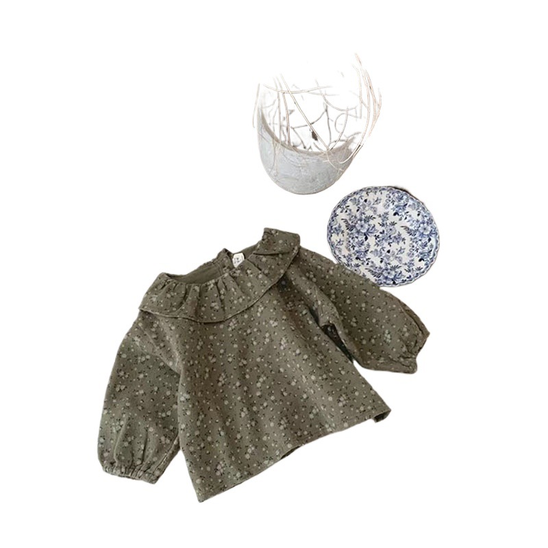 Versión coreana de primavera y otoño, bebé, bebé, camisa de fondo floral suave, cuello de muñeca de manga larga, camisa de niño linda suelta