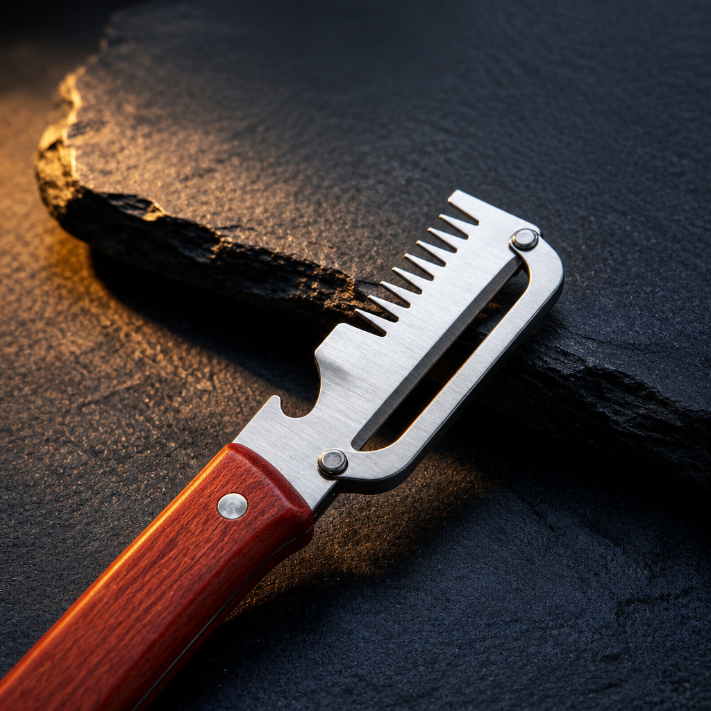 Multifunctional stainless steel peeler with a wooden handle, a household peeling tool with a toothed comb for shredding green onions, and a kitchen fruit and vegetable slicer