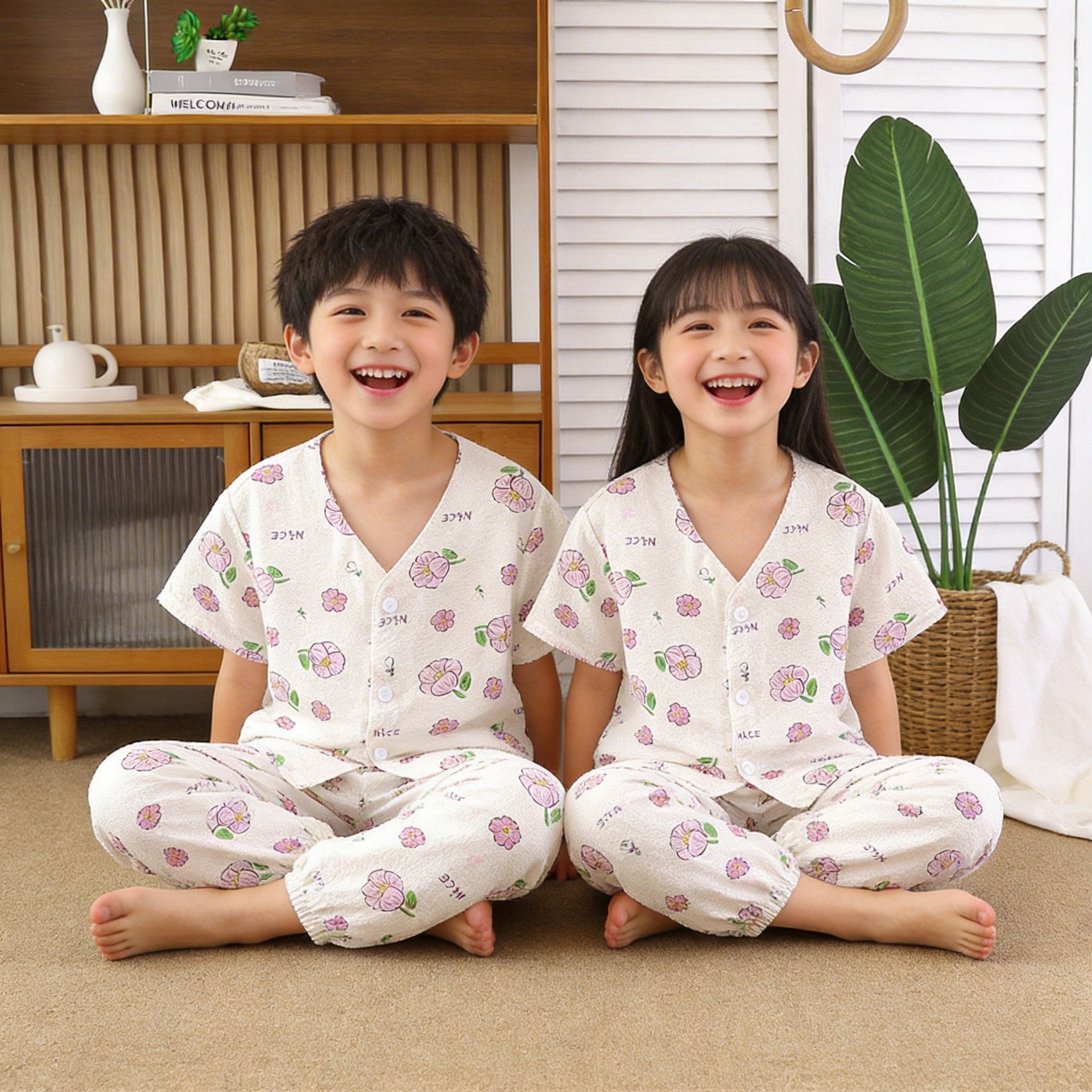 Pijamas infantiles de verano para padres y niños de manga corta set de pantalones de siete puntos para niños y niñas de cuello V ropa delgada para el hogar pijamas para bebés