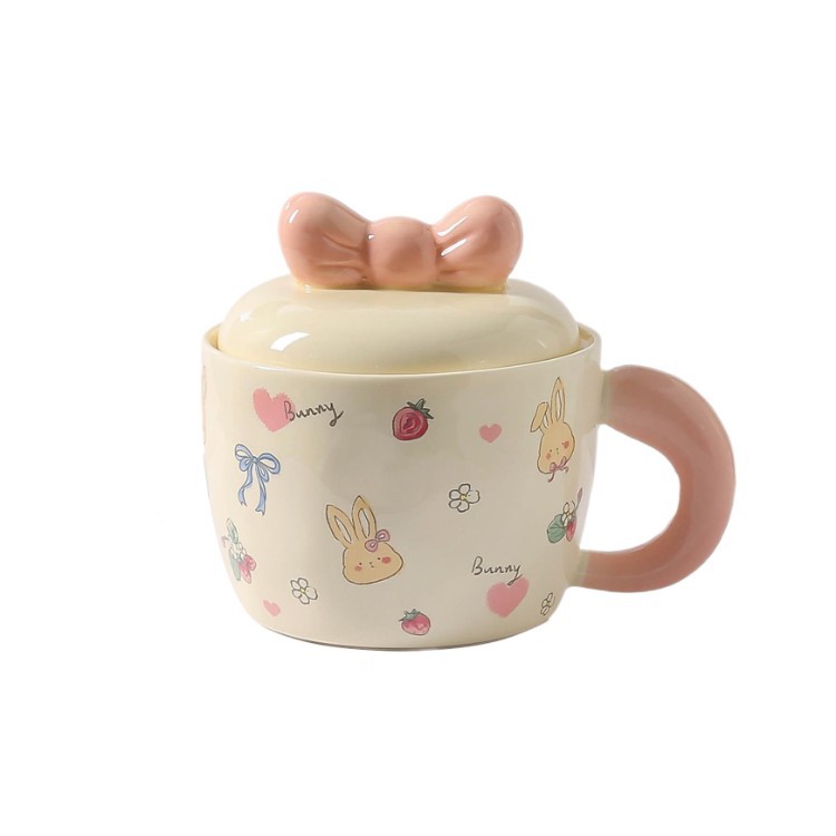 Conejo encantador taza de cerámica con tapa de alto valor facial regalo de pareja taza de agua de dibujos animados taza de café doméstica