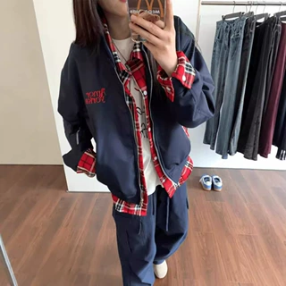 假两件拼色格子夹克男秋季2024新款美式复古设计感棒球服长袖外套