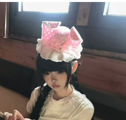 蝴蝶结花边波点兔耳洛丽塔配饰帽子春夏可爱发卡头饰甜美少女发夹|undefined