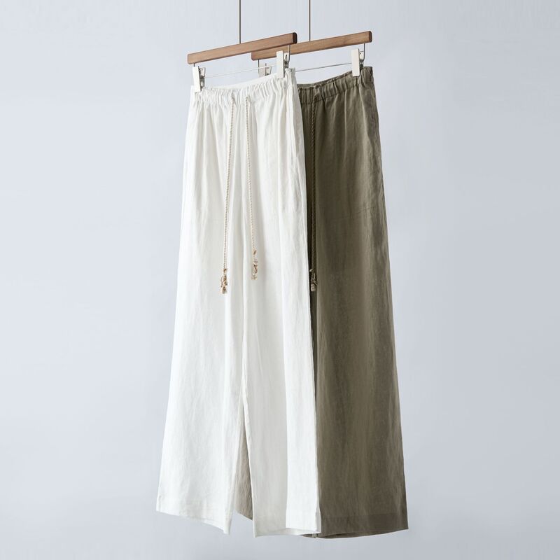 Same Origin as Cabinet Goods! 2025 Summer New Heavy 100% Linen Beaded Drawstring Elastic Waist Casual Wide-Leg Pants for Women