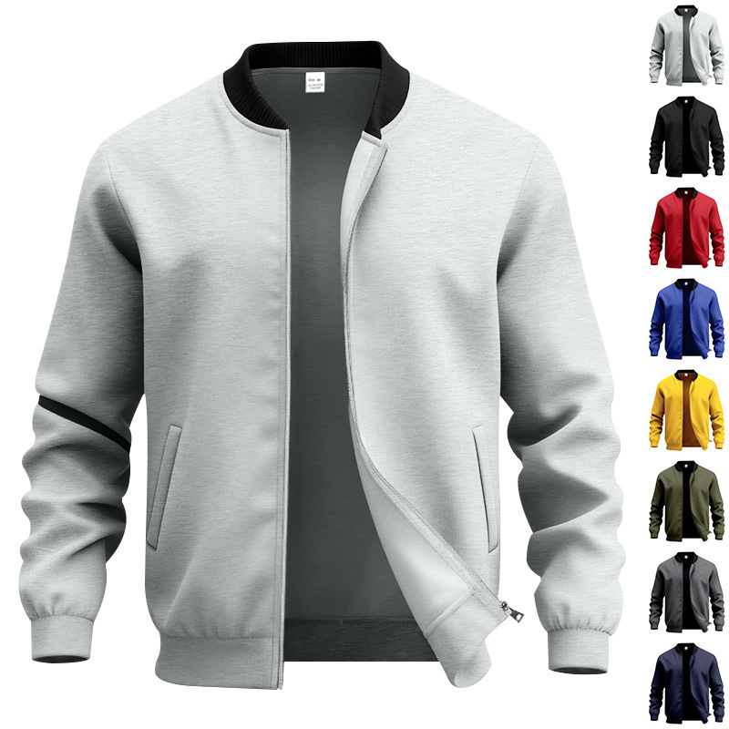 Cross-Border American Retro Men's Simple Pilot Zipper Baseball Jacket Cardigan Solid Color Stand Collar Jacket for Men