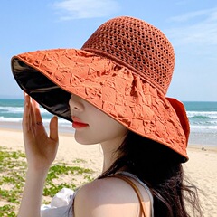 女性用の新しいビニールリボンサンハット、中空麦わら帽子、紫外線防止、大きなつば、顔を覆う日焼け止め帽子、漁師の帽子