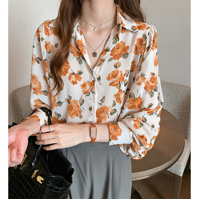 Floral Print Women's 2023 Spring and Autumn New Retro Loose Design Fashion Casual Long Sleeve Chiffon Blouse