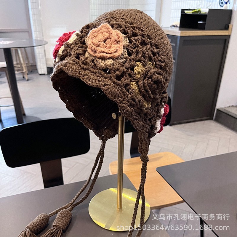 日系复古花朵针织帽子女款2025新款秋季文艺气质百搭显脸小护耳帽|undefined