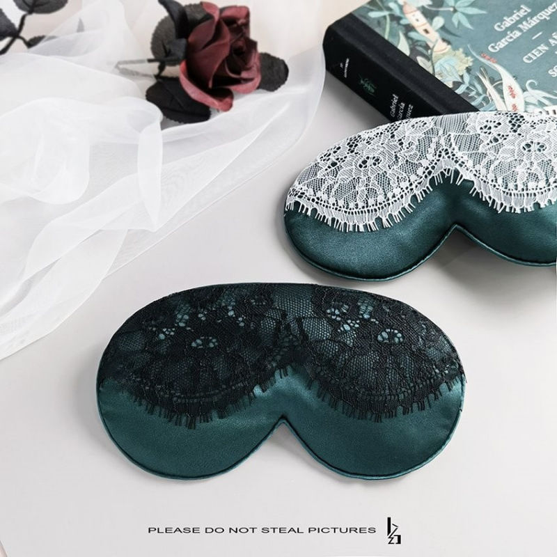 Silk sleep mask with lace trim, stylish design, adjustable fit, blocks light, breathable, lightweight, and comfortable on the eyes, promoting restful sleep and relieving eye fatigue