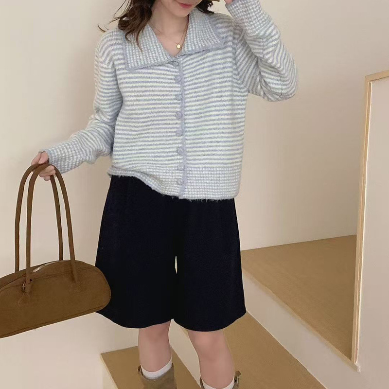 跨境复古条纹翻领毛衣女韩系休闲宽松秋冬新款拼色针织开衫上衣|undefined