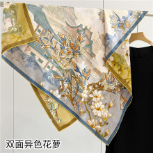 重磅高档真丝围巾女双面双色古风韵味花萝提花桑蚕丝卷边丝巾披肩