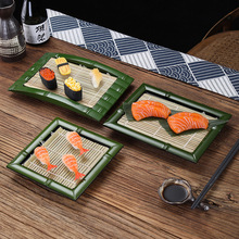 双剑正角弧角日式竹形冷面盛器寿司盘美观复古仿竹餐饮酒店用具