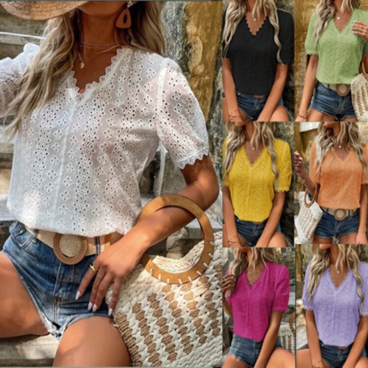 Summer New Amazon Ebay Independent Station European and American Summer New Pure Color Short-Sleeved Cut Out Shirt Cross-Border Ready Stock