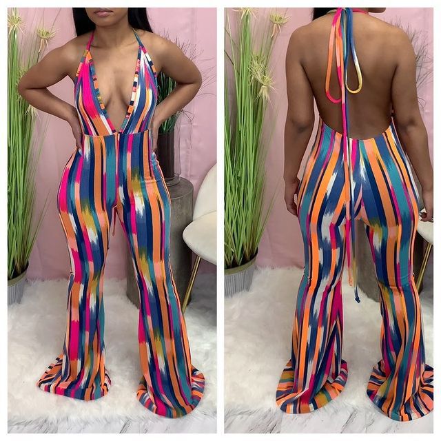 Irregular Stripes Printed Halter Slim Fit Flare jumpsuit Nihaostyles wholesale clothing vendor NSYDF73568