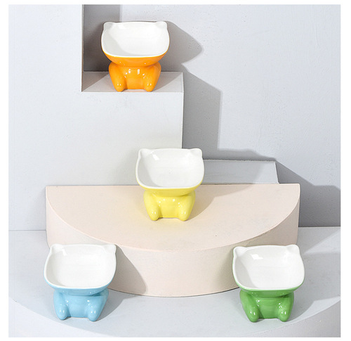 Small Q Ceramic High-Heeled Slanted Mouth Cat Bowl Pet Bowl Cute High-Heeled Bowl Cat Food Plate Cervical Protection