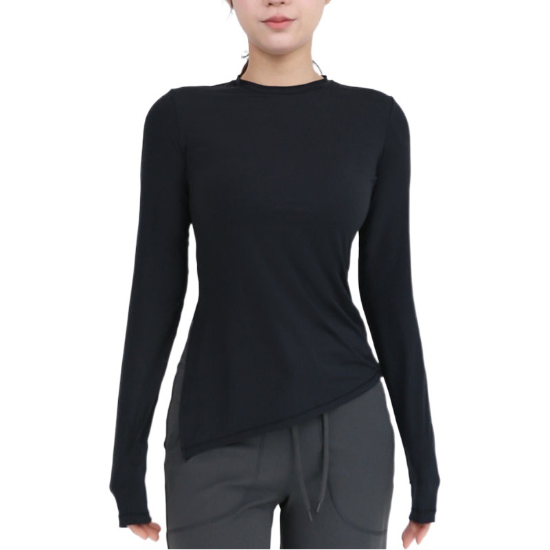 Primavera y verano nueva yoga de doble capa nube camisa suave de las mujeres cuello redondo dividido apretado deportes fitness superior desgaste exterior camisa de fondo