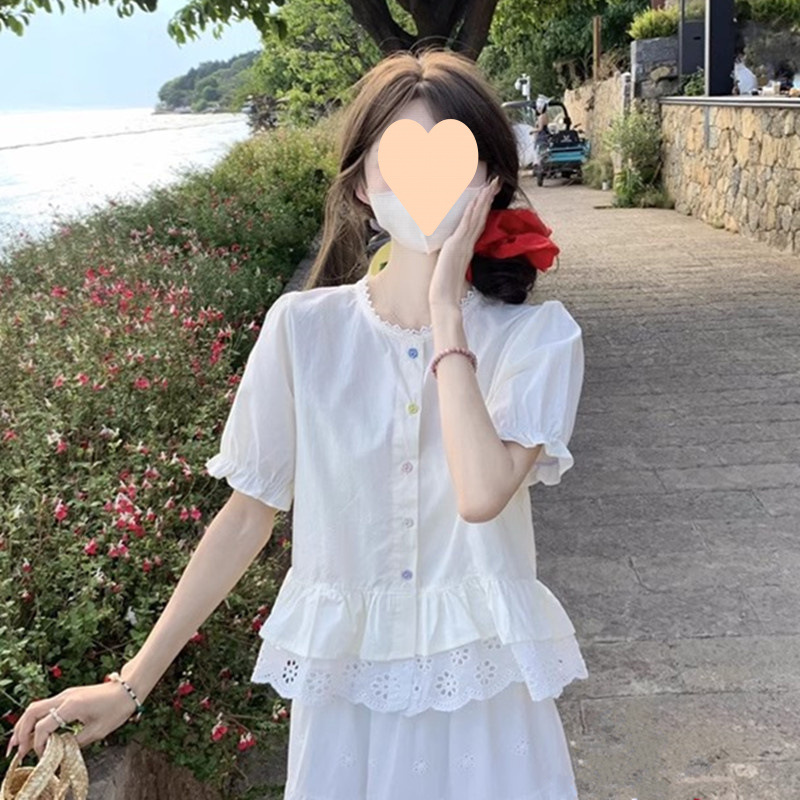 레이스스플라이스베이비드레스퍼프슬리브허리셔츠여성여름2025새로운도파민컬러버튼탑