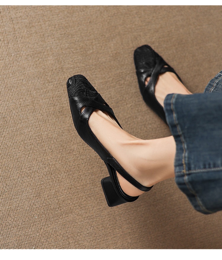 Sandal cao gót nữ hở mũi da cừu lưới phối màu quai ngang khóa — màu đen, màu trắng ngà chi tiết 25