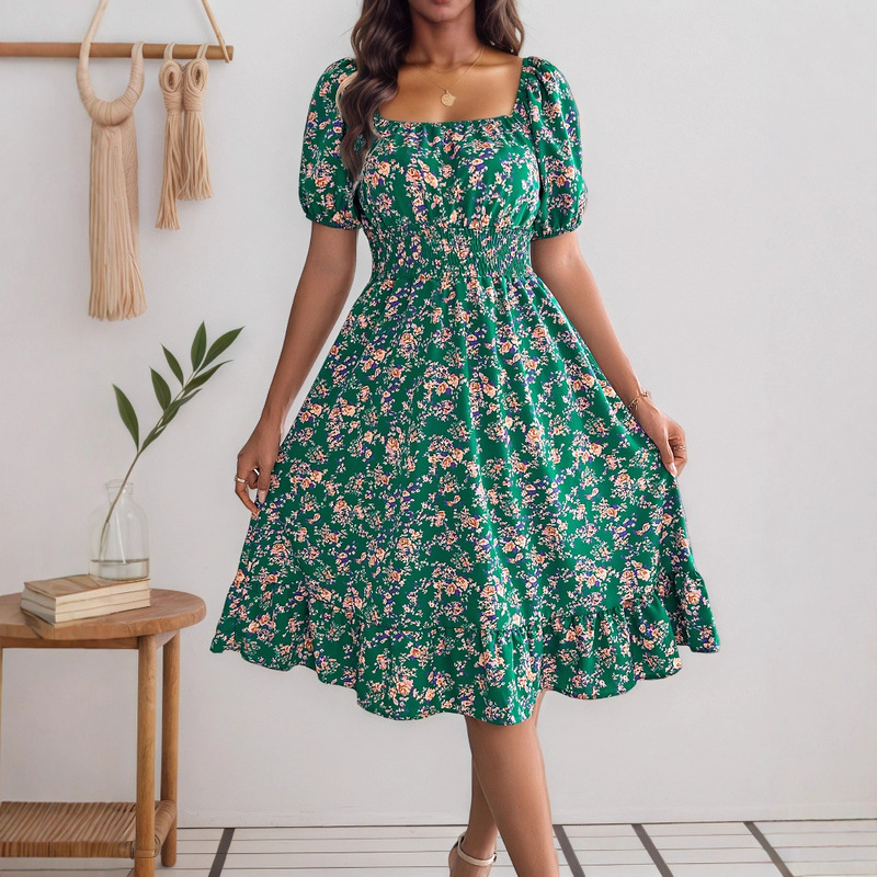 Actual Shot of Cross-Border Women's Skirt 2025 Spring and Summer New European and American Floral Square Neck Short-Sleeved Waist Ruffle Dress