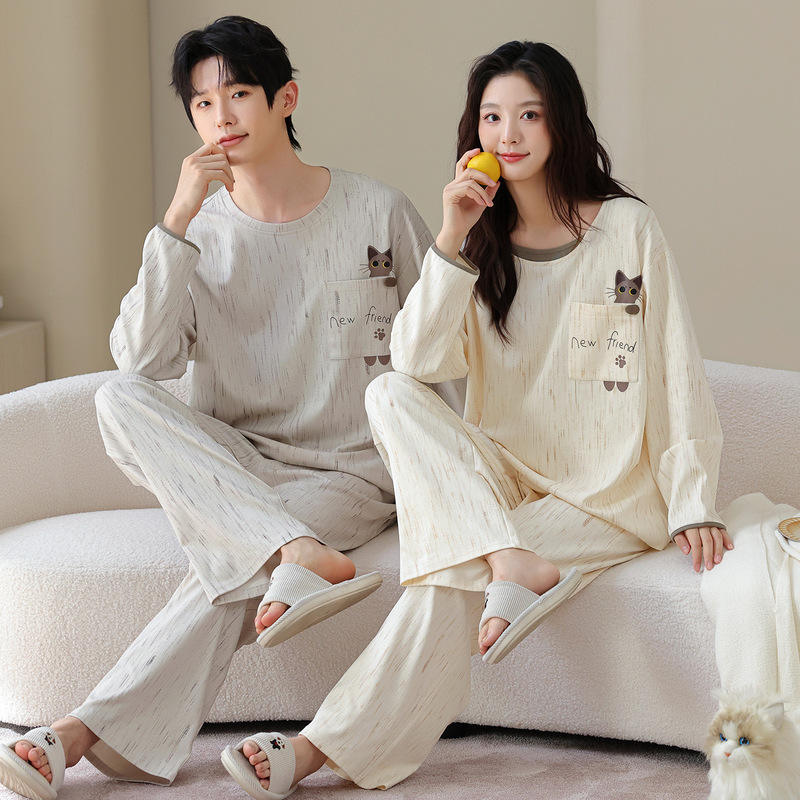 100% pure cotton couple pajamas, women's long-sleeved and long-legged set for spring and autumn, featuring cute cartoon designs, and men's style suitable for wearing as loungewear 100% pure cotton couple pajamas, women's long-sleeved and long-legged set for spring and autumn, featuring cute cartoon designs, and men's style suitable for wearing as loungewear