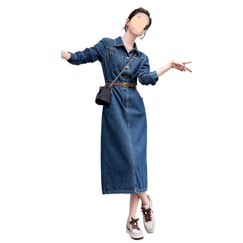High-quality autumn denim skirt, fashionable new women's outfit, long-sleeved dress, elegant and slimming.