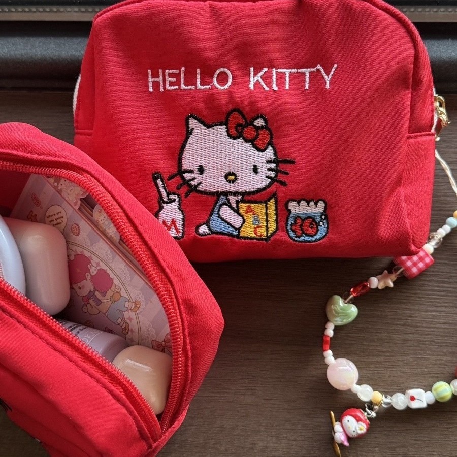 Red Oxford cloth kitty embroidered makeup bag, portable large-capacity storage bag for coins and travel miscellaneous items
