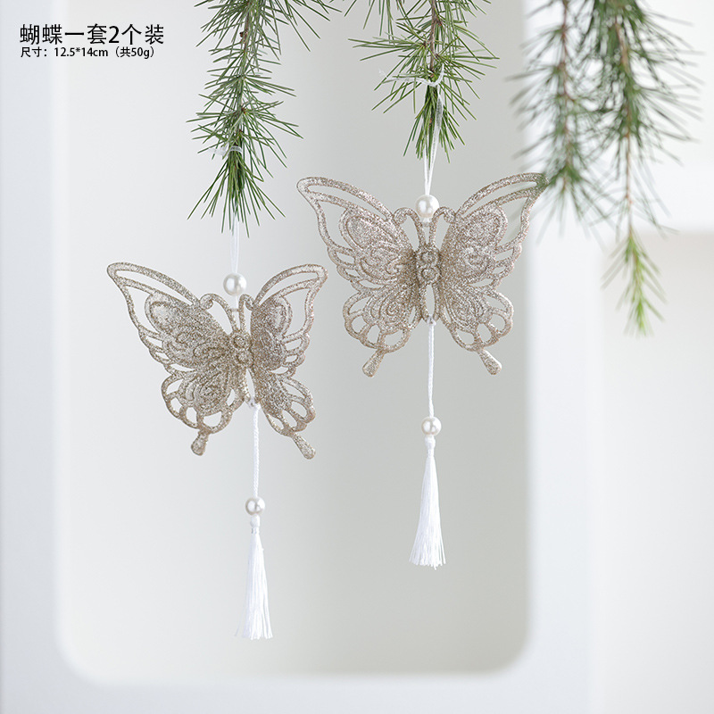 Nuevos productos transfronterizos de madera decoraciones de árboles de Navidad polvo brillante hueco flocos de nieve amor colgante mariposa colgante de Navidad