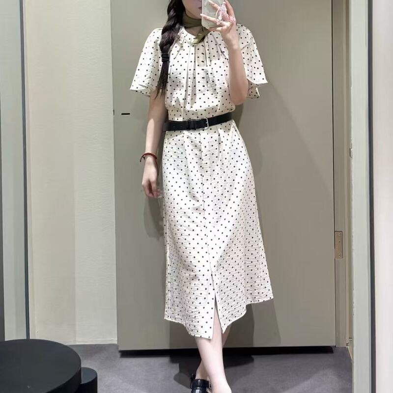 Cs Women's Standard Version Pleated Belt Detail Mid-Length Polka Dot Dress 2026 Spring New Product 1326267001