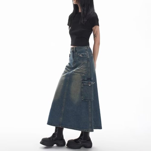 American Retro Workwear Semi-Skirt for Women 2025 Spring, Multi-Pocket High-Waisted Slimming A-Line Medium Length Umbrella Skirt