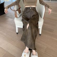 复古高腰皮裙女秋冬季pu皮高级感显瘦气质开叉中长款a字半身裙子