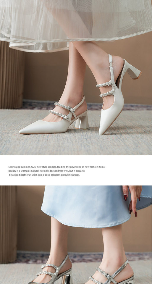 Giày sandal cao gót nữ mũi nhọn gót thô hở gót kiểu Mary Jane đính đá, gót 6–8 cm — Màu bạc, Màu trắng ngà chi tiết 9
